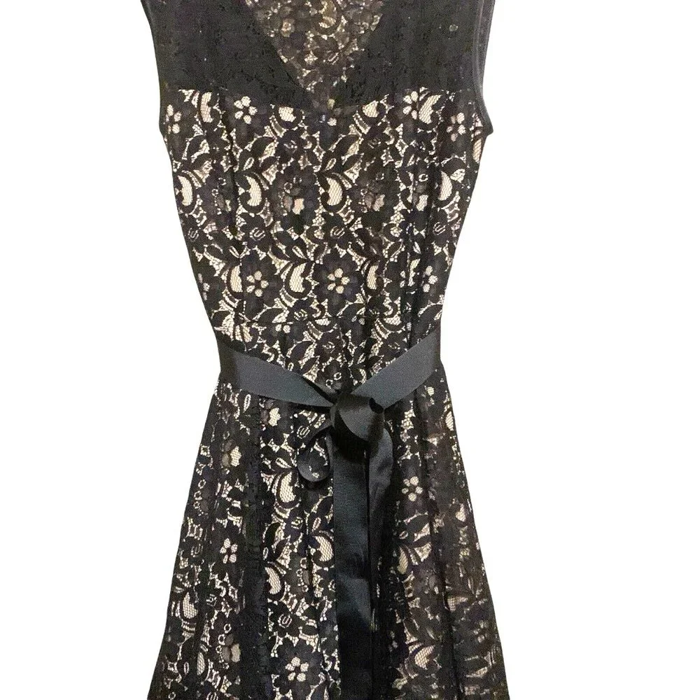 Betsy & Adam Women's Black Lace Over Beige Bow Party Cocktail Dress Sz 12 Witchy